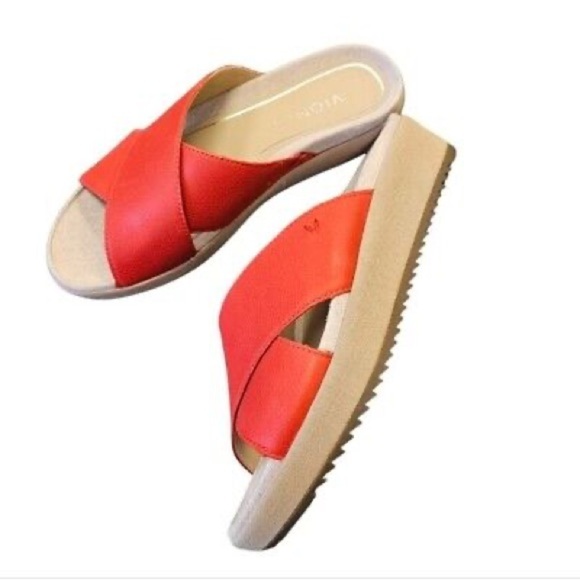 Women's Vionic Hayden Red Leather Wedge Platform Slides Sandals Size 8.5 - Picture 1 of 13